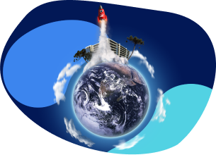 Imagem ilustrativa do planeta Terra e um foguete decolando